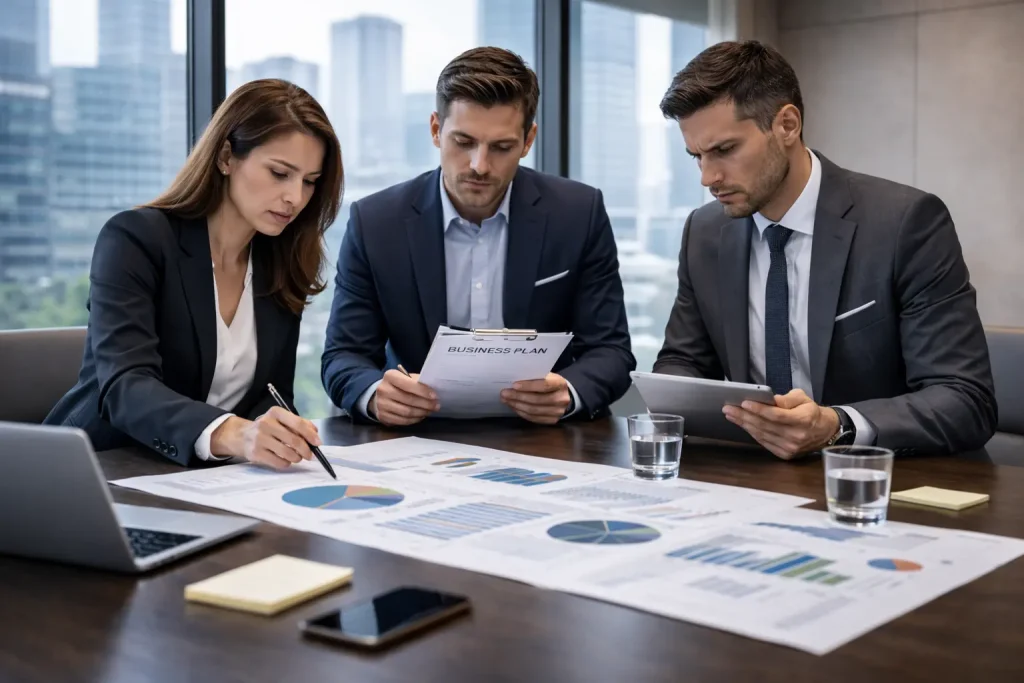 Senior professionals reviewing business planning documents and financial charts in a modern executive office