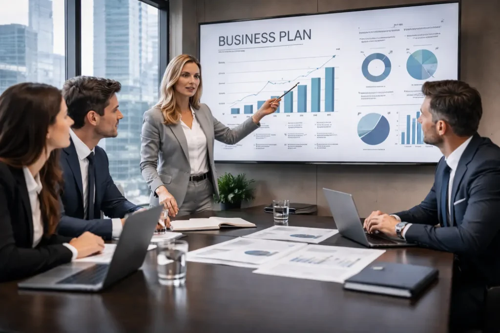 Executive team reviewing a business plan and growth projections in a modern office, representing strategic business planning services