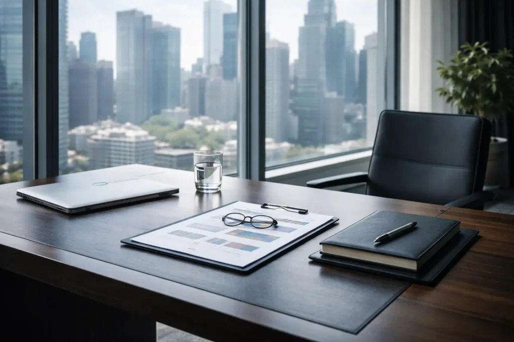 Executive desk with acquisition documents and closed laptop in a high-rise office, buy-side advisory context