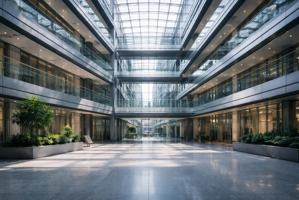 Modern corporate office atrium representing financial structure, liquidity management, and working capital optimization