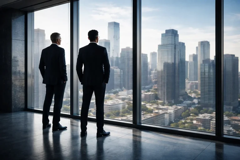 Senior executives overlooking city skyline from high-rise office, strategic mergers and acquisitions decision-making