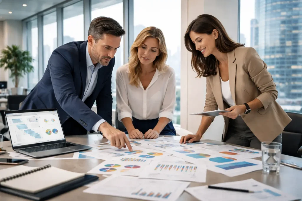 Marketing consulting team collaborating on strategy analysis in a modern corporate office