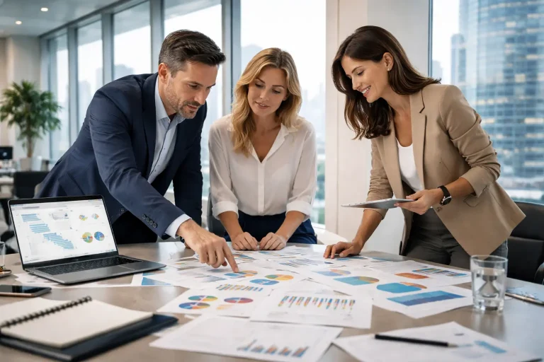 Marketing consulting team collaborating on strategy analysis in a modern corporate office