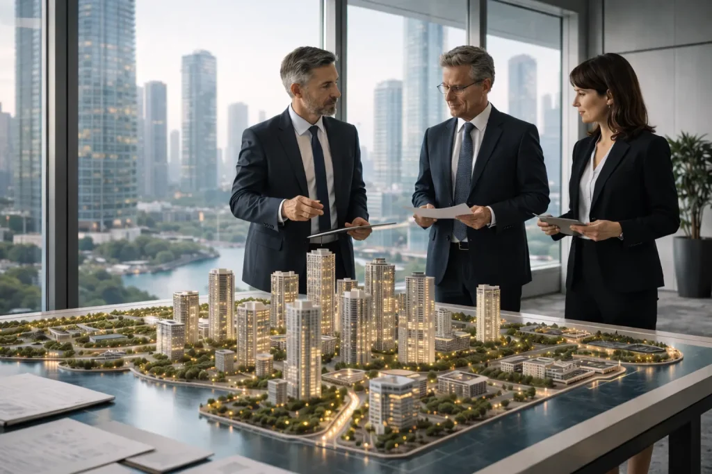 Senior professionals reviewing a real estate development model in a modern office, representing strategic real estate advisory and asset optimization